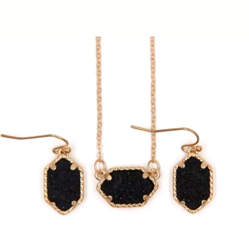 Lee Elisa Type Earring Necklace Black Gold Druzy